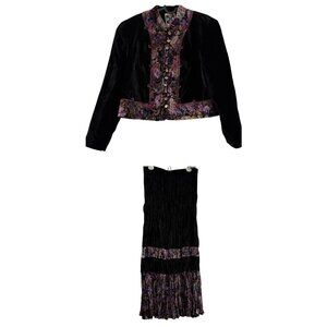 VTG Hairston Roberson Ropa Black Purple Velvet 2 PC Jacket Skirt Set Women Small